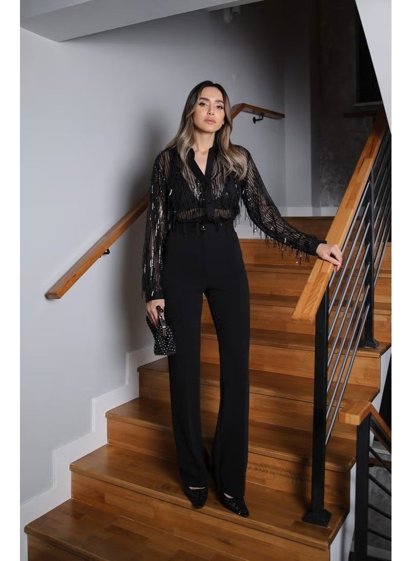 Havos Black Piping Palazzo Trousers - Image 3